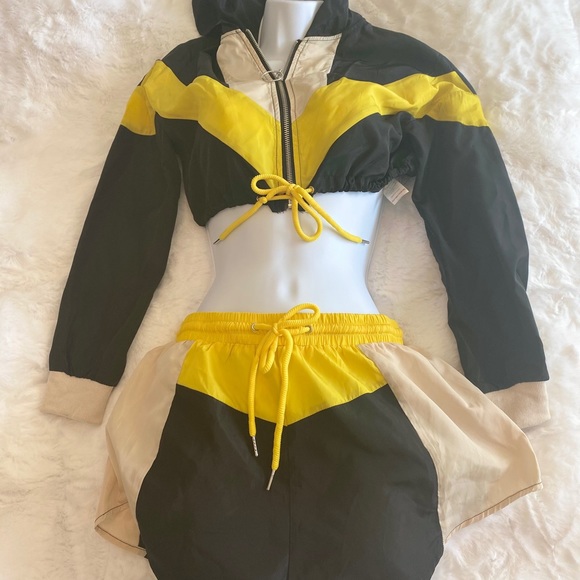 Two piece black, yellow, beige set
